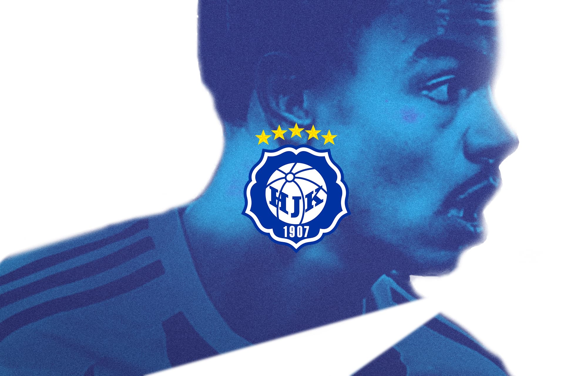 Kuvassa HJK:n logo ja jalkapallon pelaaja logon takana.