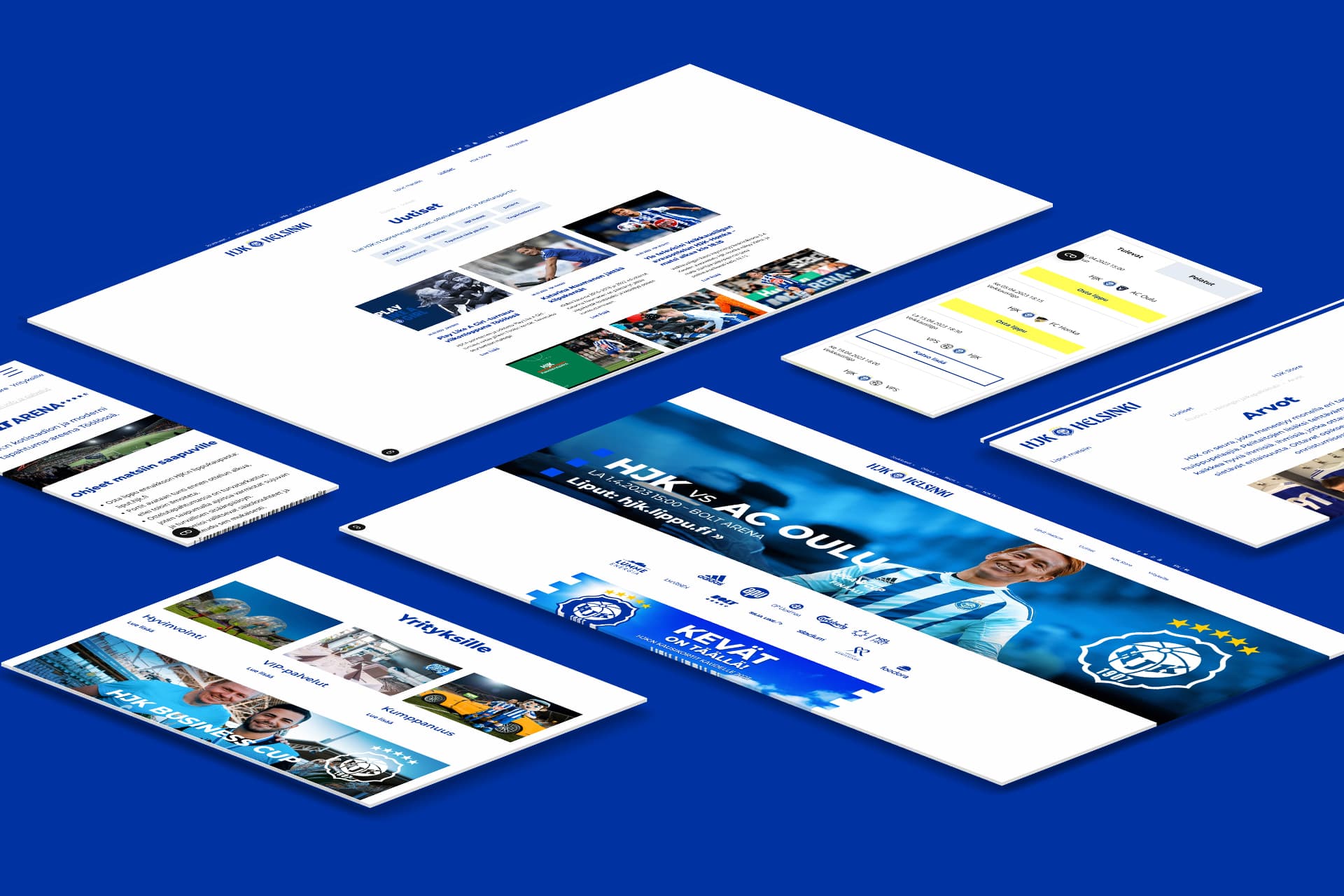 Kuvassa esitetty useampia HJK:n verkkosivuston sivu-ulkoasuja