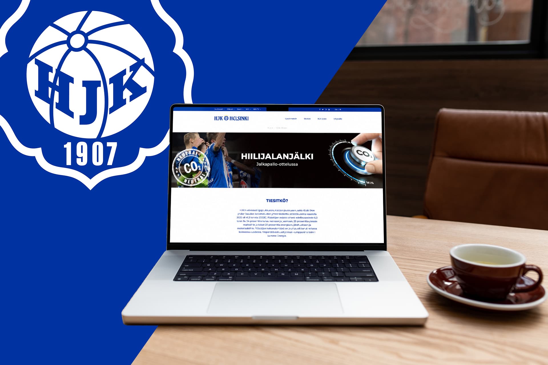 Kuvassa HJK:n logo sekä kannettava tietokone, jossa HJK:n verkkosivusto avoinna.