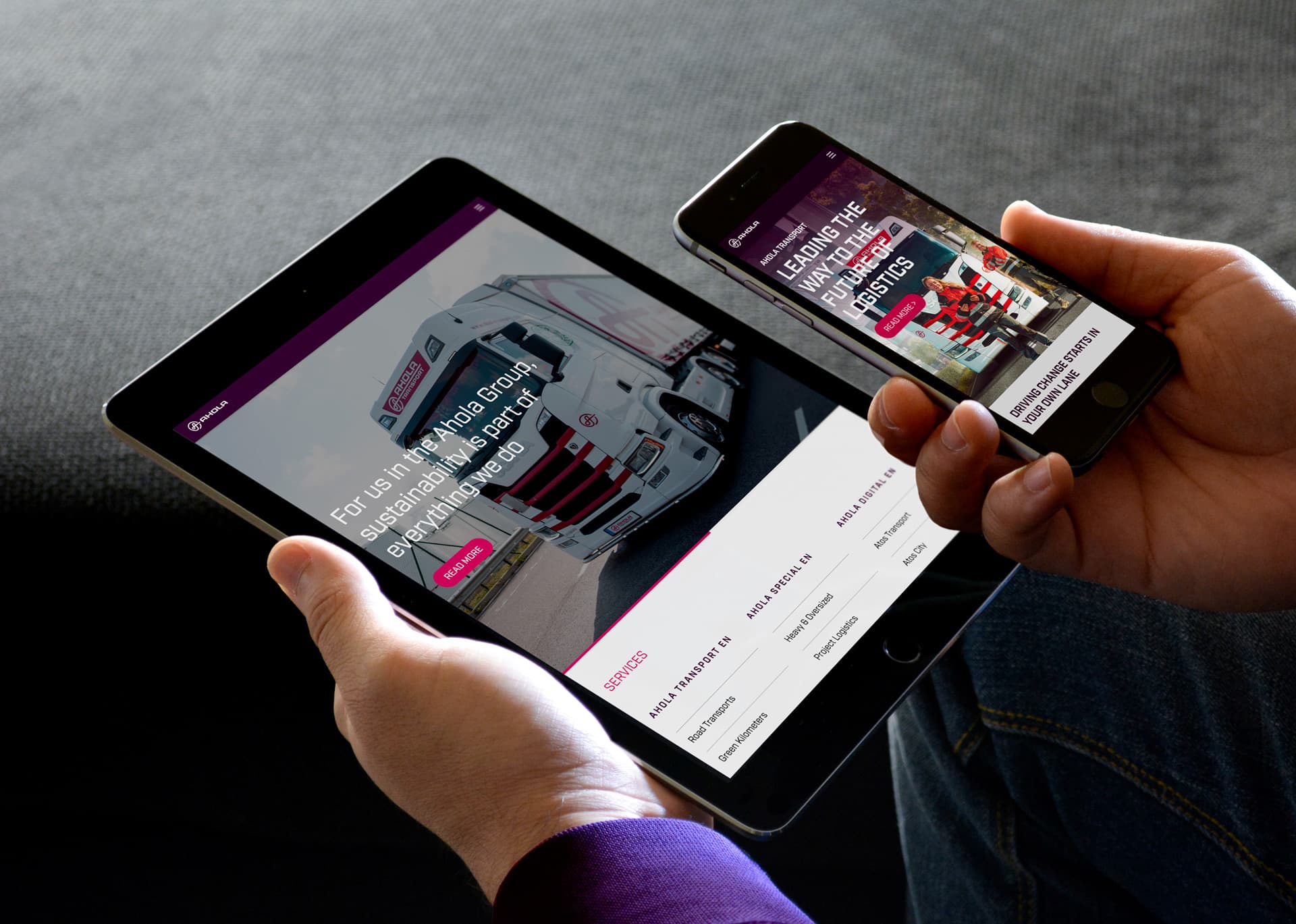 Ahola Transportin sivuston tabletilla ja kännykällä