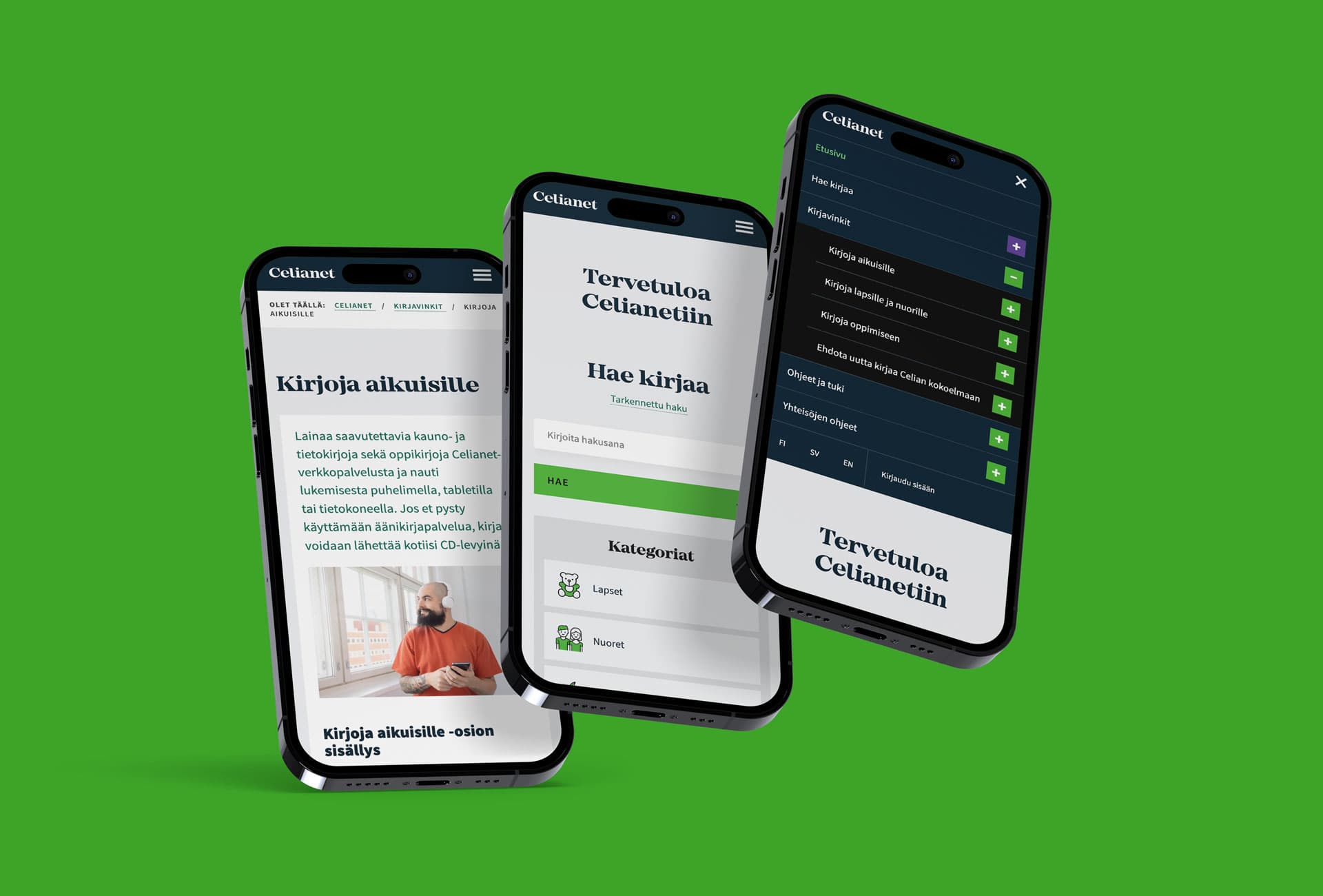 Celianet-palvelu esitettynä kännykkänäkymillä.