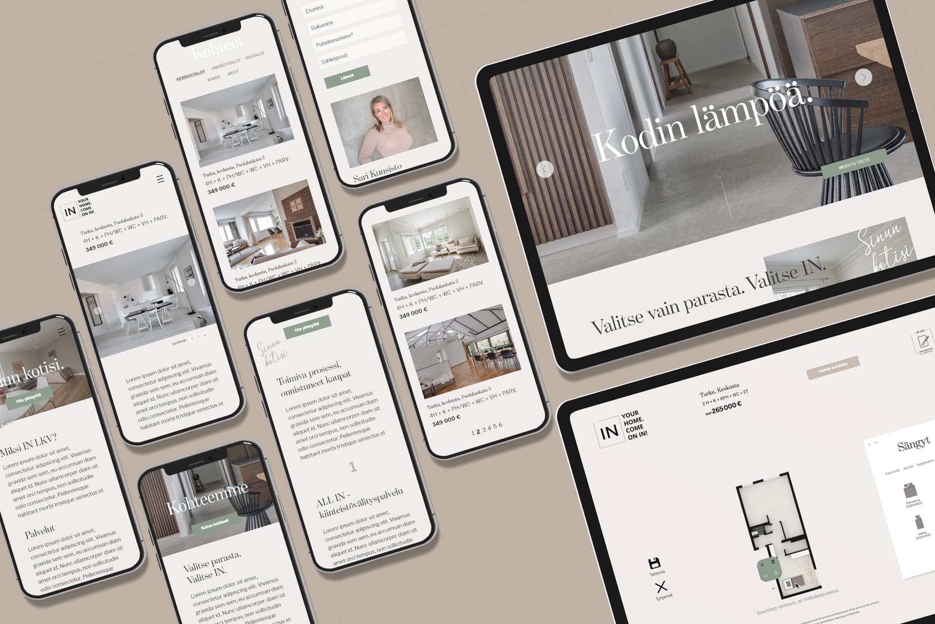 Kuvassa on useita erilaisia mobiililaitteita, jossa on esitettynä IN LKV:n verkkosivusto.