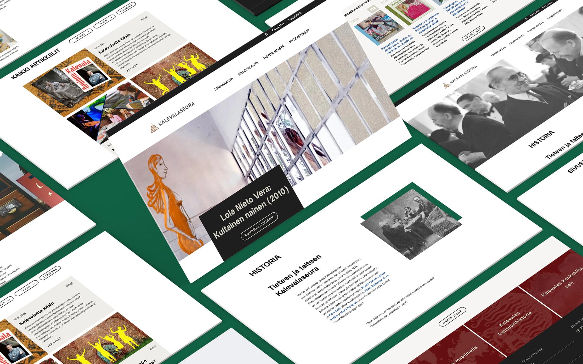 Kuvassa Kalevalaseuran uuden sivuston ulkoasuja desktop-näkymissä.