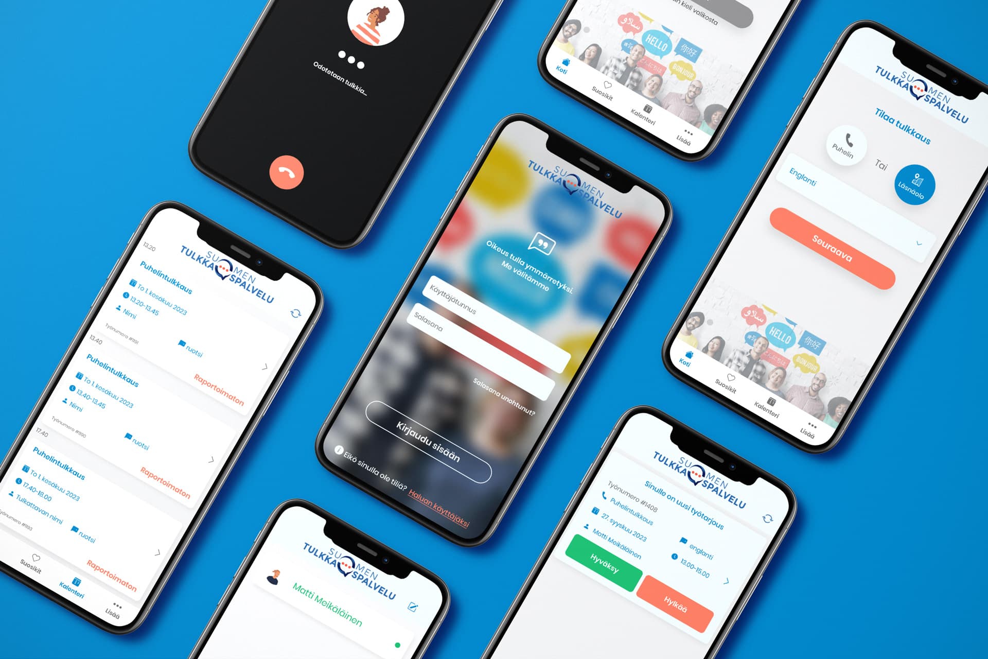 Suomen Tulkkauspalvelun mobiilisovellus esitettynä useassa eri kännykässä.