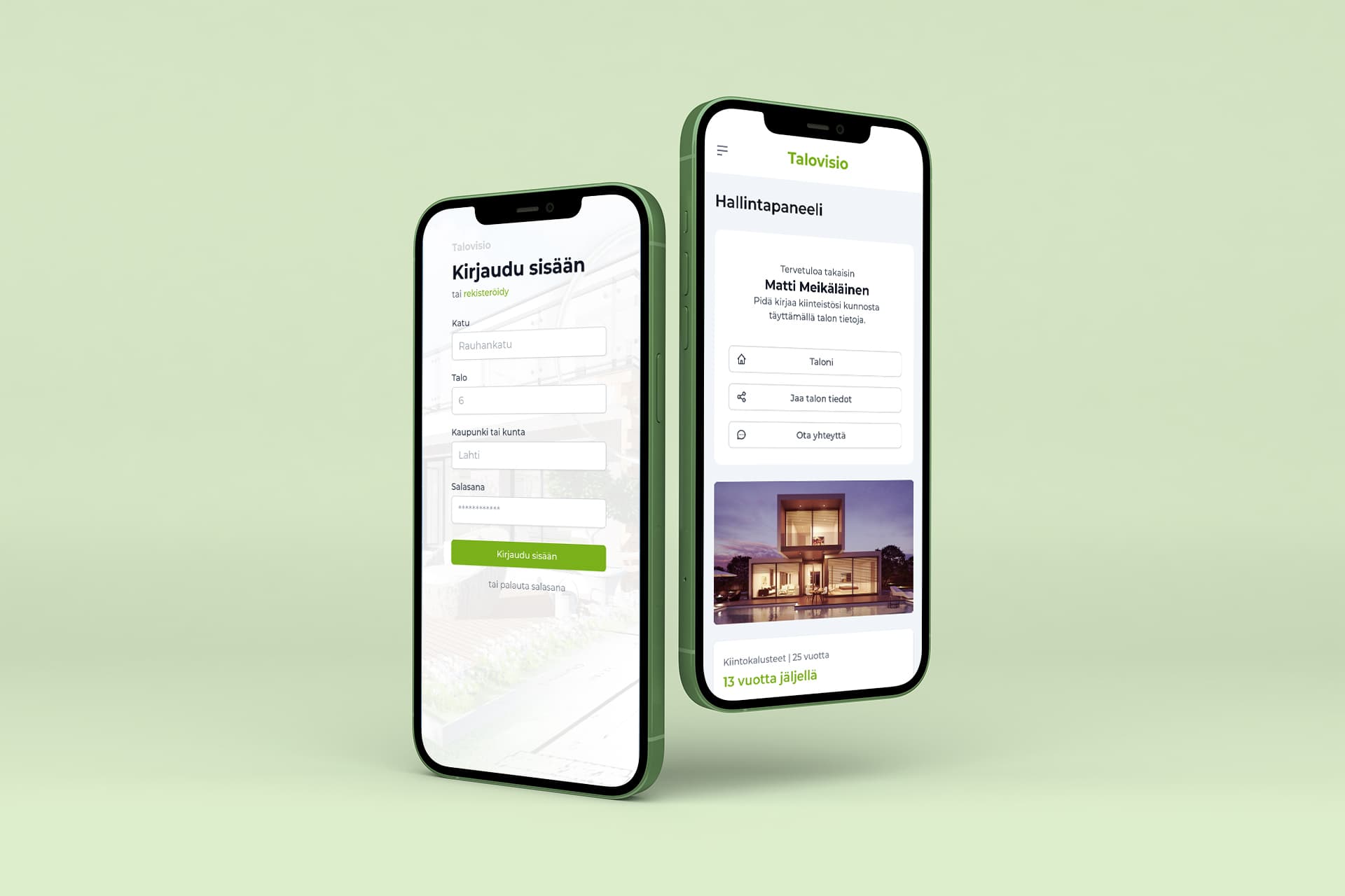 Kuvassa on kaksi kännykkää, joissa on avattuna Talovisio-mobiilisovellus