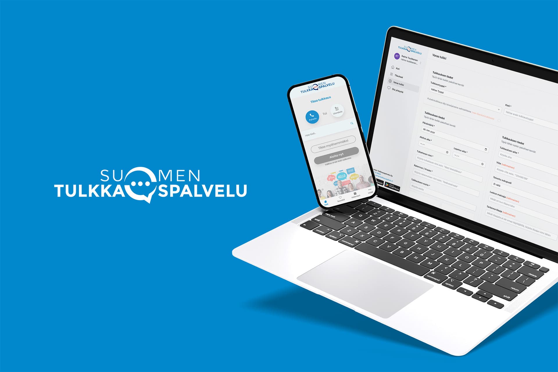 Kuvassa kannettava tietokone, jossa esitettynä Suomen Tulkkauspalvelun ERP-järjestelmä.