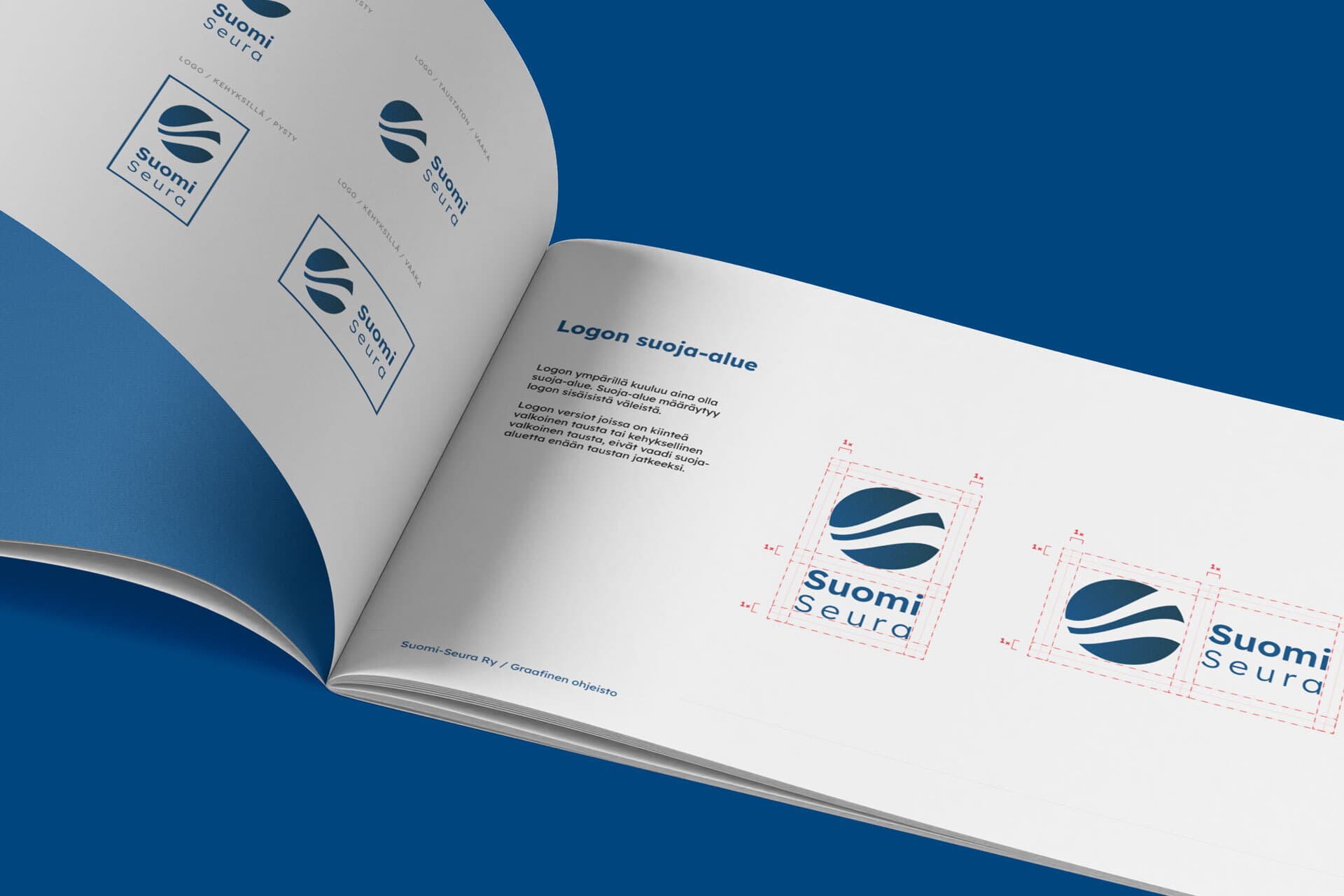 Graafinen ohjeisto, jossa Suomi-Seuran uusi logo aukeamallla.