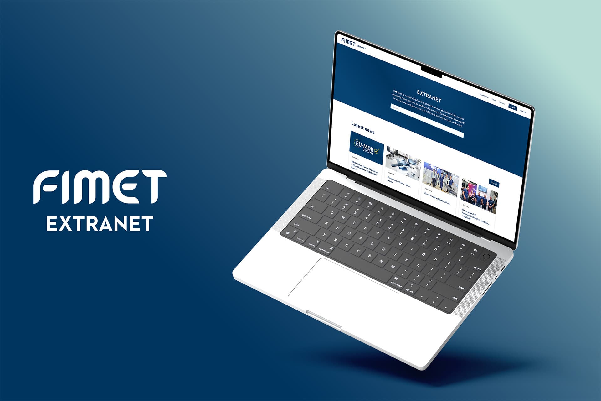 Kuvassa kannettava tietokone, jossa esitetään Fimetin uusi extranet-järjestelmä.