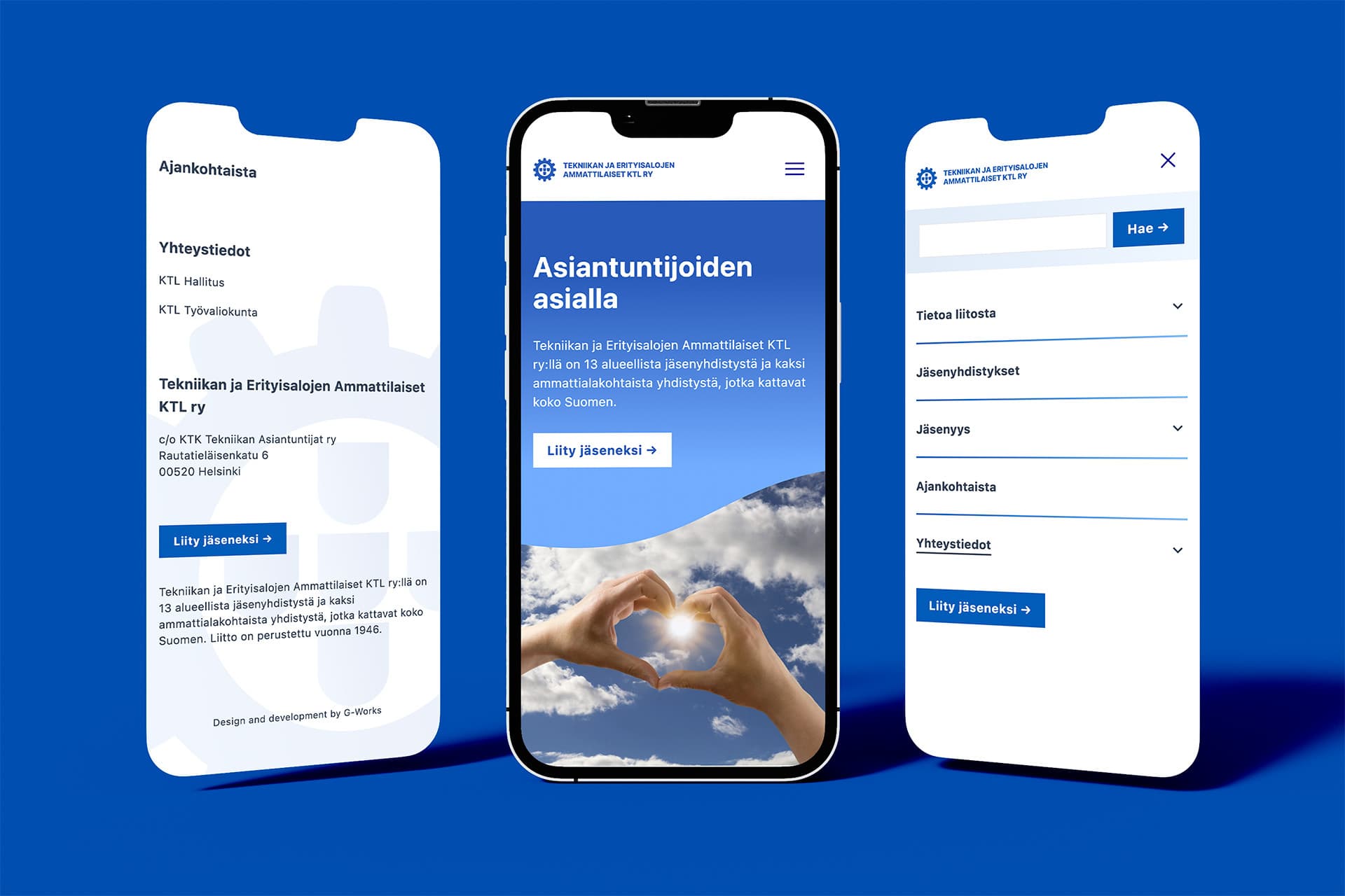 KTL ry:n uusi verkkosivusto kuvattuna kolmella kännykällä.