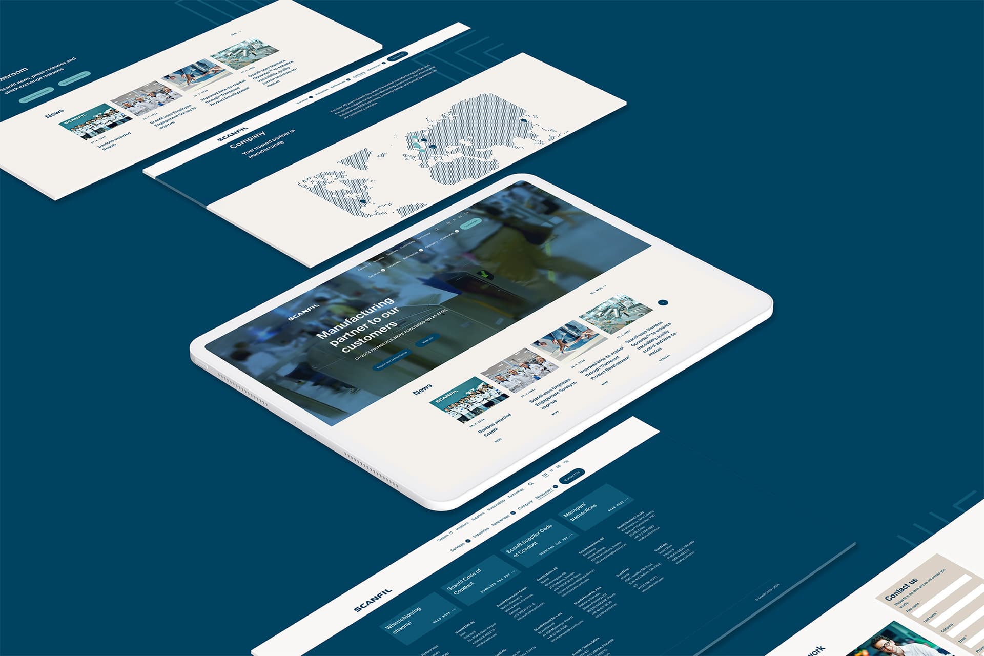 Kuvassa esitetään neljä kappaletta Scanfilin verkkosivuston ulkoasua