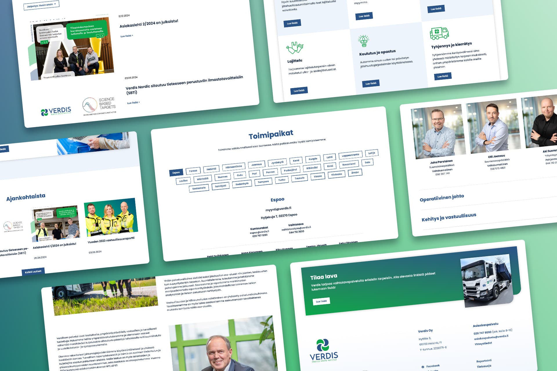 Kuvassa Verdiksen uuden verkkosivuston ulkoasuja.