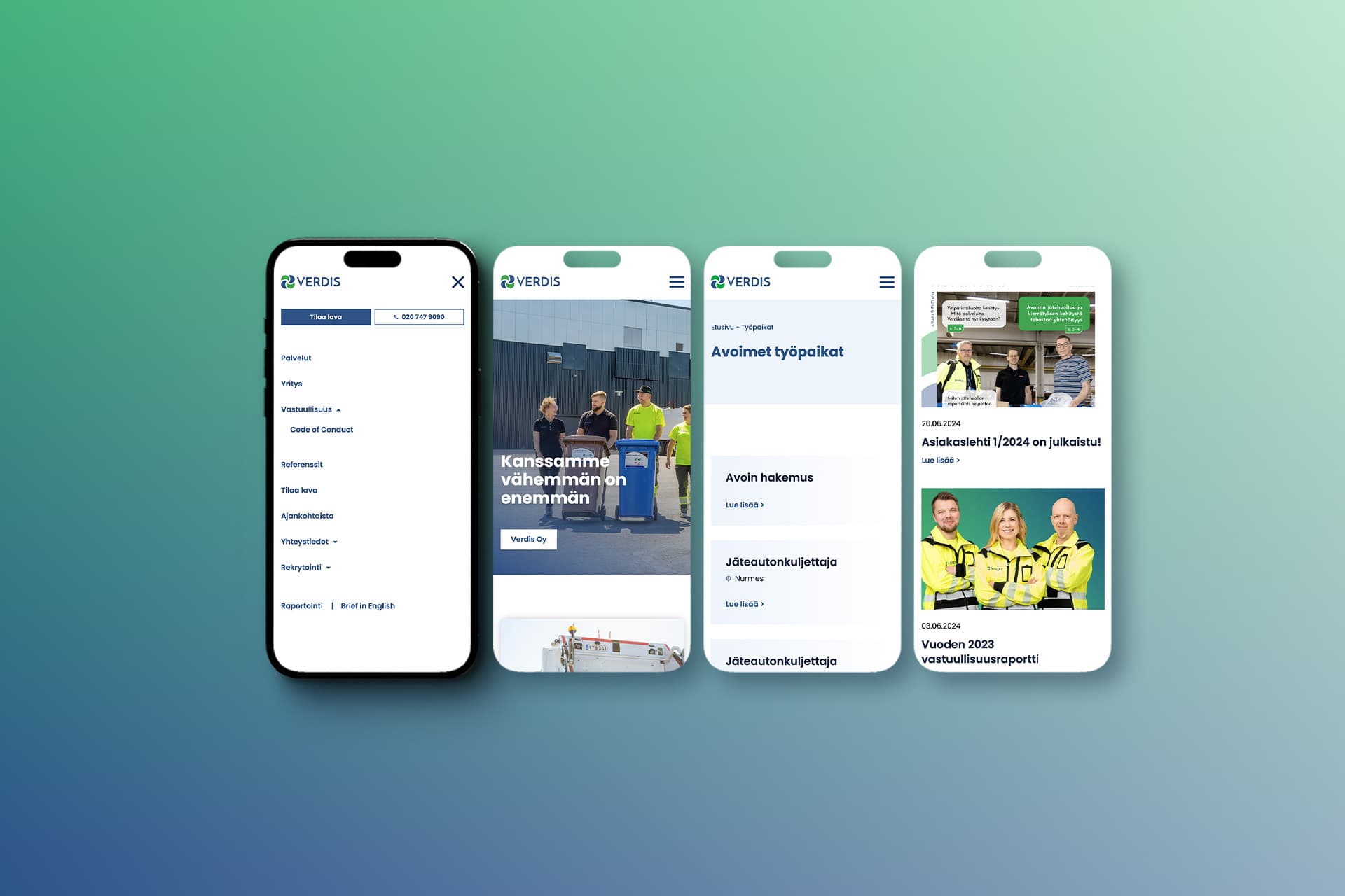 Kuvassa Verdiksen uuden verkkosivuston ulkoasuja kännykkäkoossa.