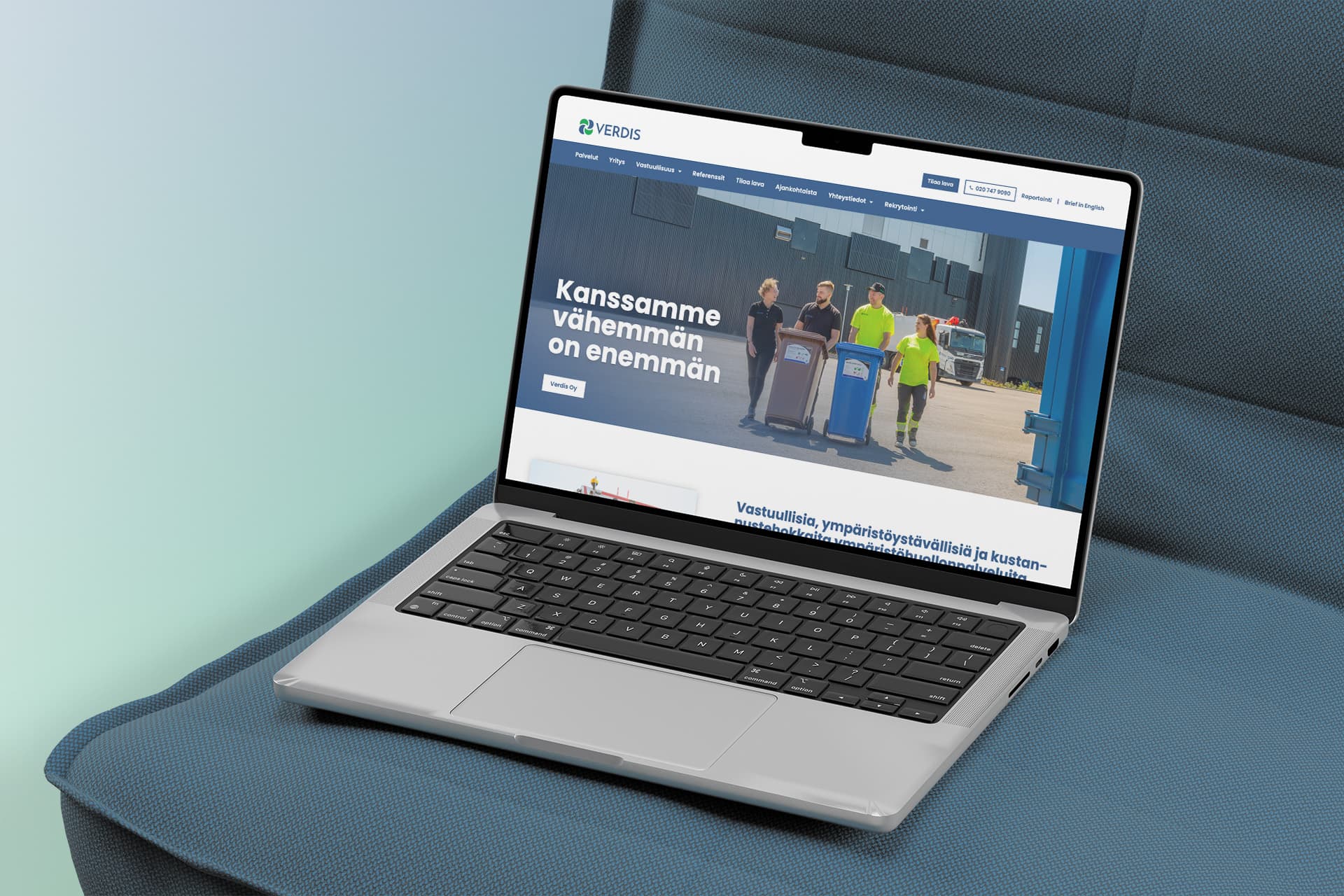 Kuvassa kannettava tietokone, jonka näytöllä on Verdiksen uusi verkkosivusto.