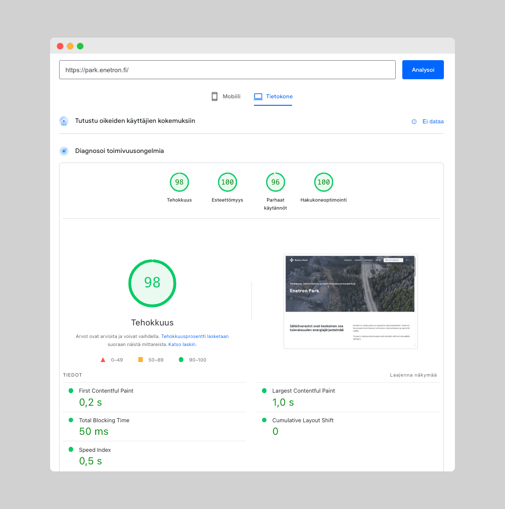 Kuva Google Pagespeedin desktopin suorituskykyraportista