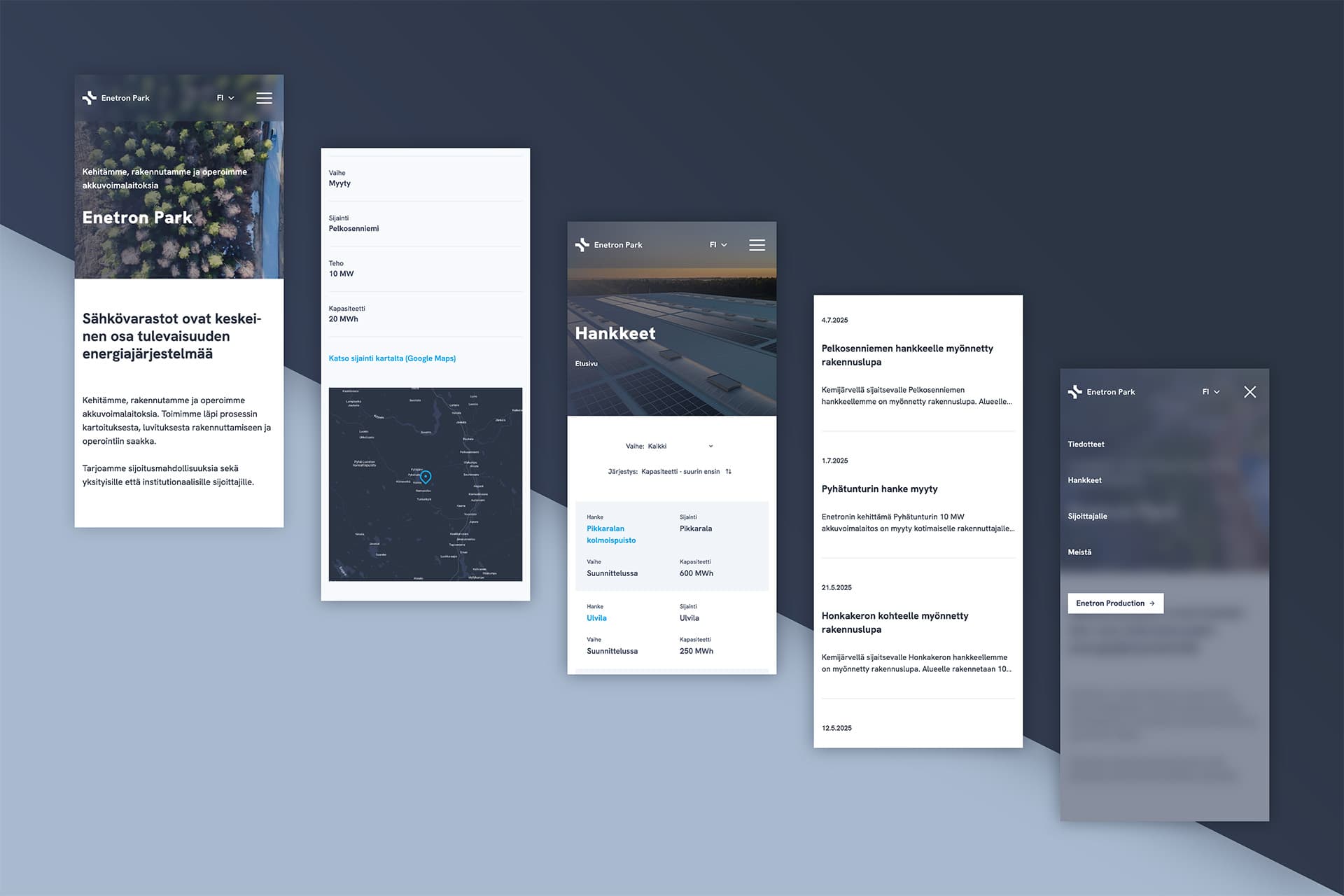 Kuvassa Enetron Parkin uusi verkkosivusto kuvattuna viidessä mobiilinäkymässä.