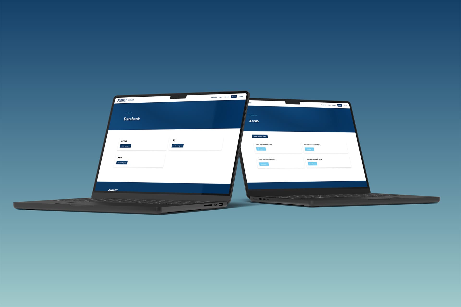 Kuvassa kaksi kannettavaa tietokonetta, jossa esitetään Fimetin uutta extranetia.