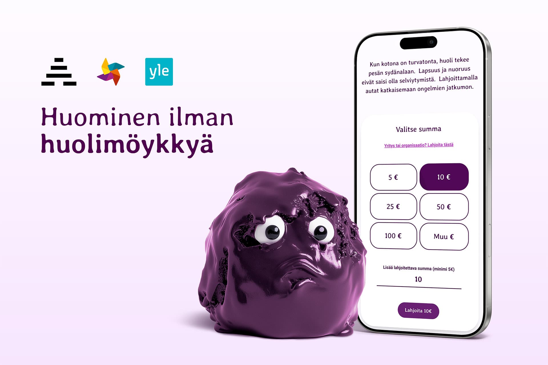 Kuvassa Huominen ilman huolimöykkä -kampanjan nimi, maskotti ja näkymä uudesta verkkosivustosta.