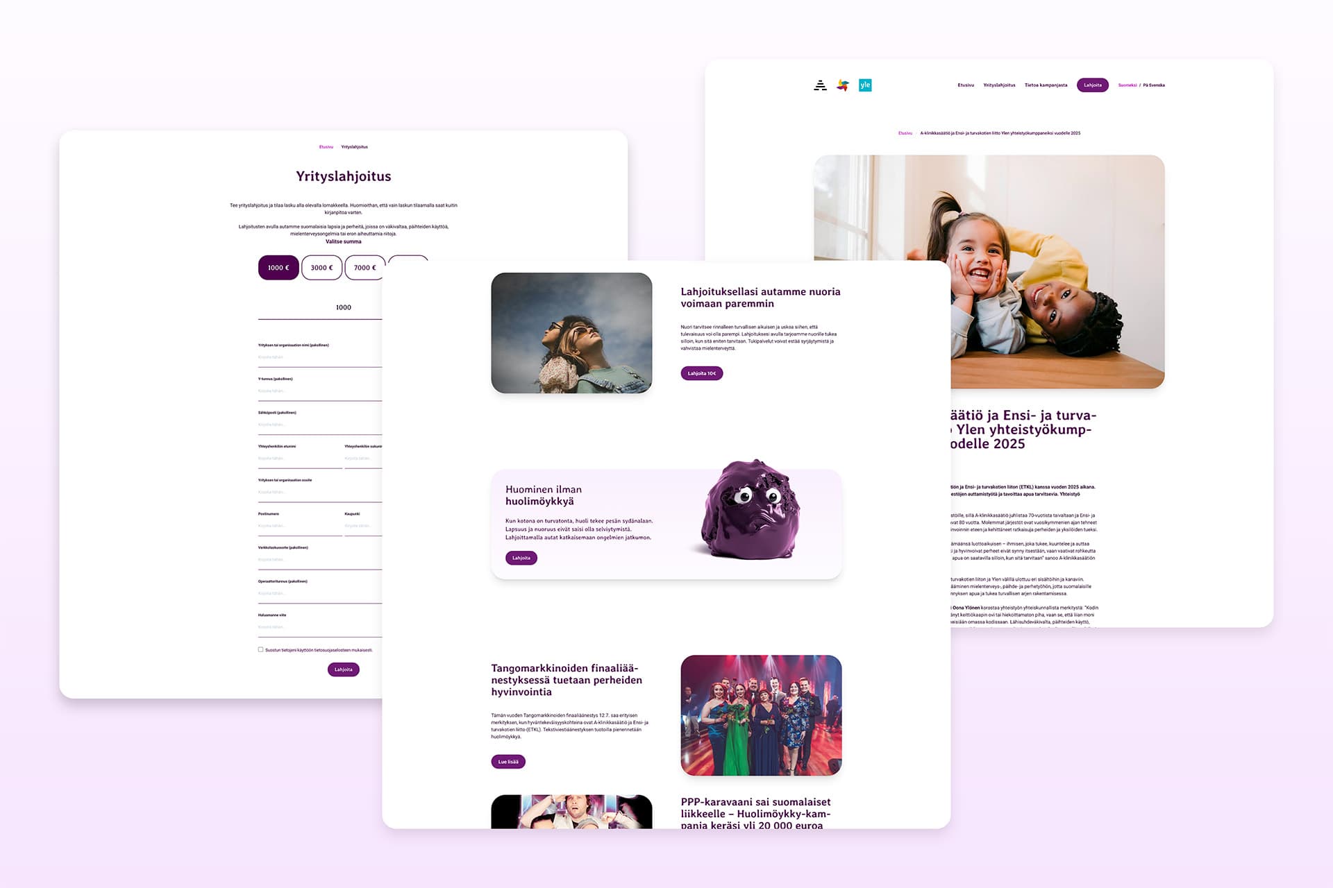 Kuvassa Huominen ilman huolimöykkyä -kampanjasivuston näkymiä kolme kappaletta.