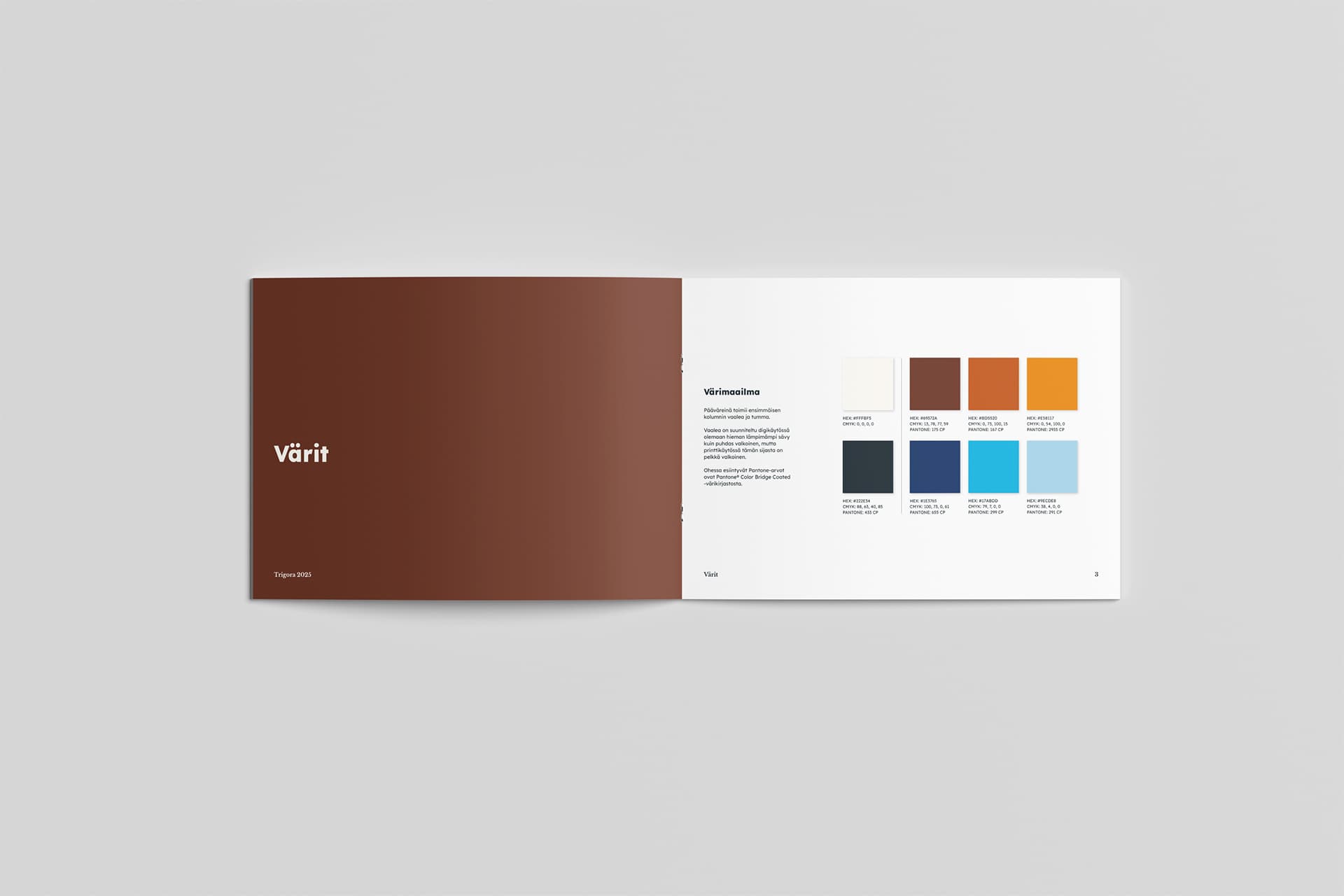 Kuvassa Trigoran uusi graafinen ohjeisto, josta väripaletti-sivu auki.