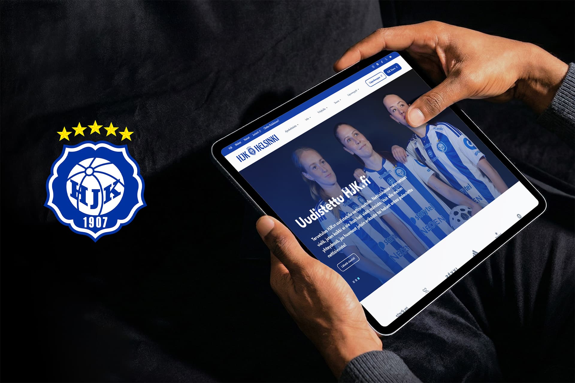 Kuvassa HJK:n logo ja uusi sivusto tablet-laitteella.