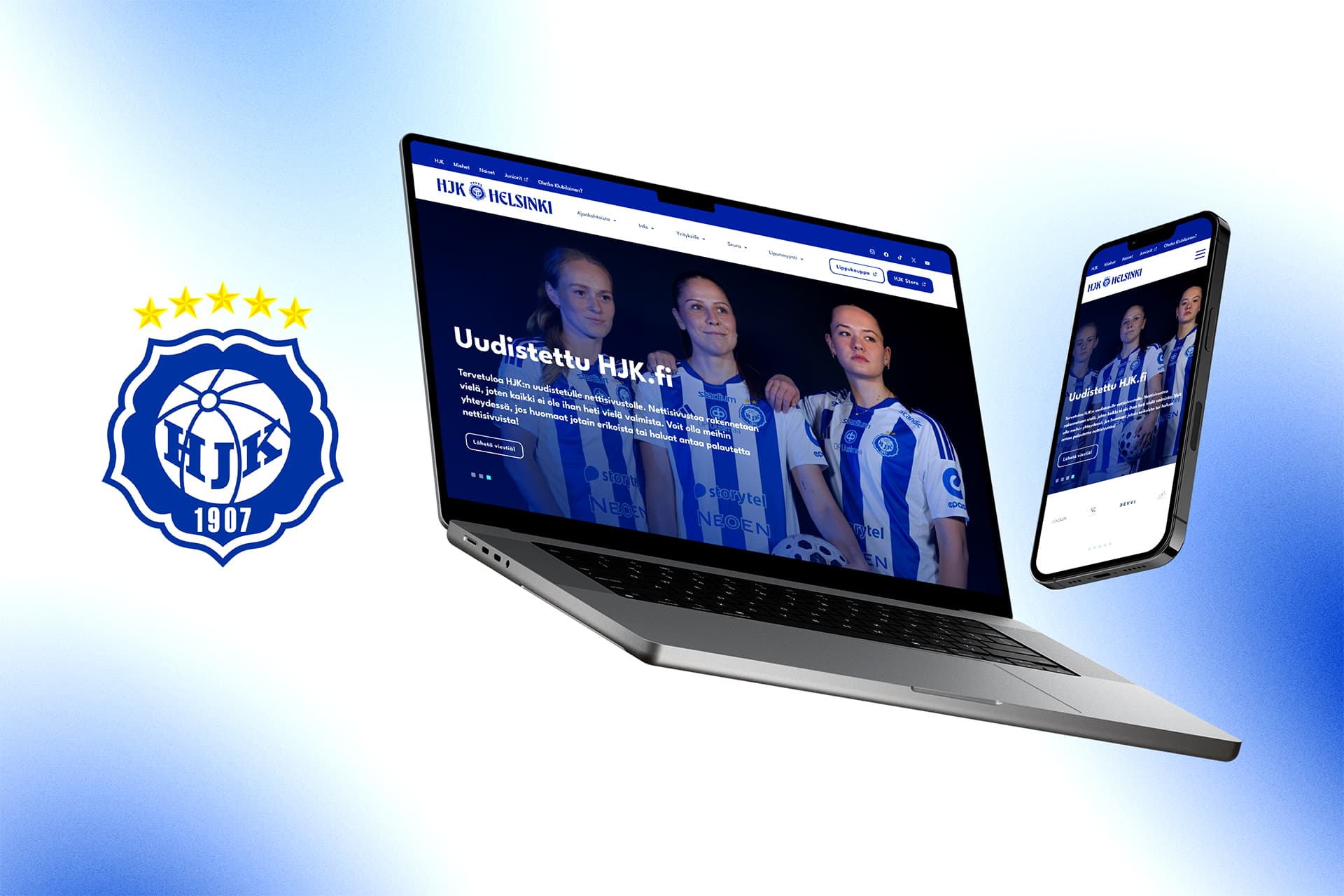 Kuvassa HJK:n logo ja uusi sivusto esillä kannettavan tietokoneen ja älypuhelimen näytöillä.