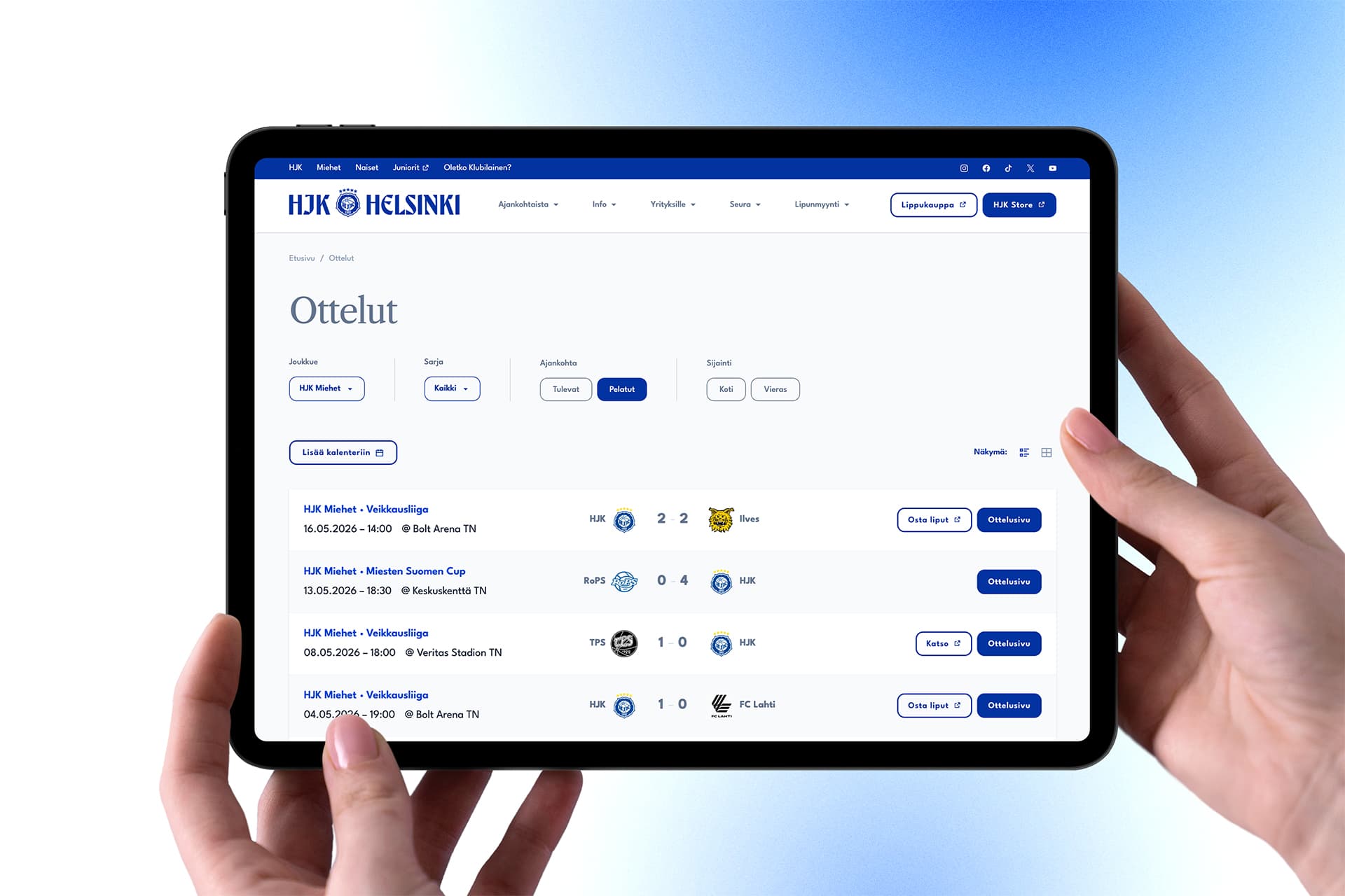HJK:n uuden sivuston "Ottelut"-näkymä tabletti-tietokoneen ruudulla.