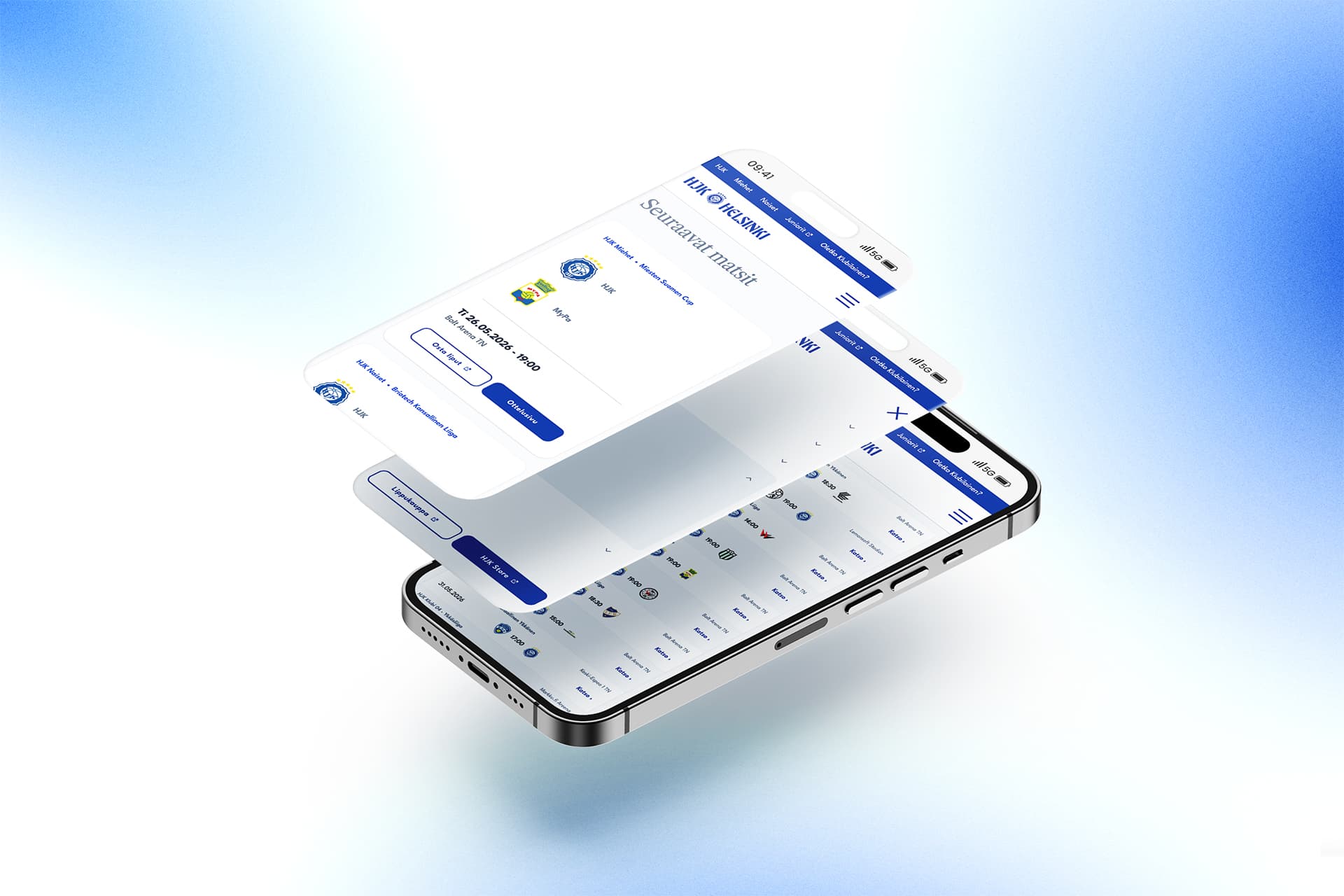 Kuvassa on älypuhelin jonka ruudulla on esitettynä otteluiden listausnäkymä. Ruudusta nousee ylös leijuvasti kaksi muuta näkymää joissa esitetään mobiilin valikko sekä tulevien otteluiden verkkosivu-elementti.