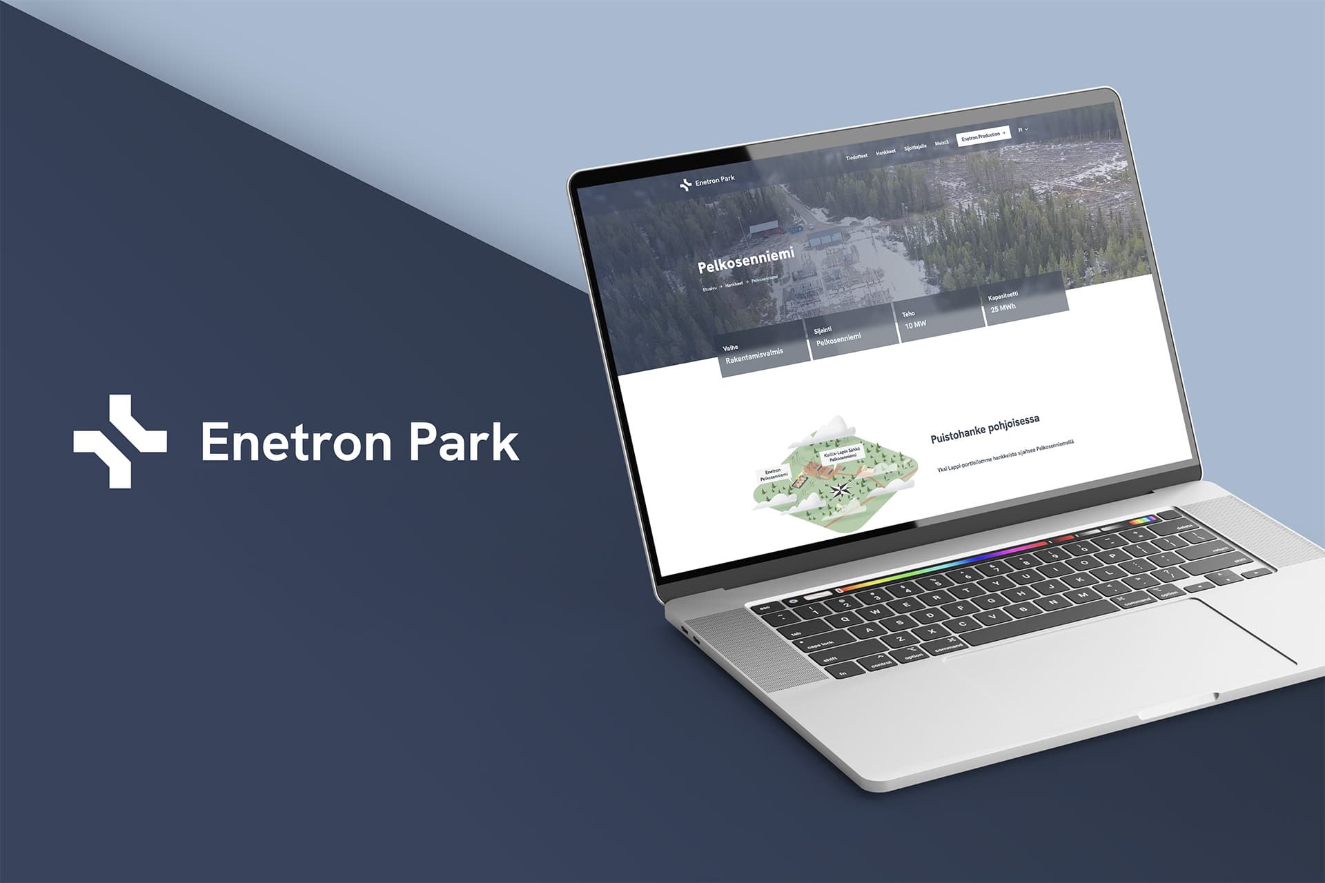 Kuvassa Enetron Parkin logo ja sen vieressä kannettava tietokone, jossa esitetään Enetron Parkin uusi verkkosivusto.